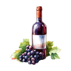 Watercolor illustration of glass bottle with red wine high quality realistic image