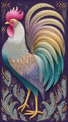 Multicolored Rooster Illustration with Glitter Texture and Purple Background