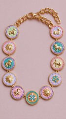 Multicolored Embroidered Animal and Floral Pendant Necklace on Pink Background