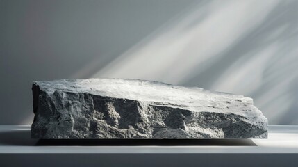 Soft lighting cascades over a minimalist stone display stand, where delicate textures and shadows interplay