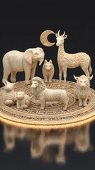 Mystical Animal Figurines on Golden Base under Crescent Moon