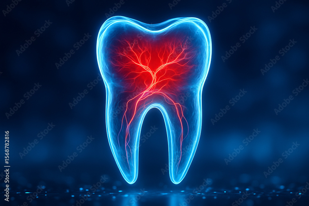 Poster ai generated digital render of a translucent human tooth showing detailed glowing red pulp chamber a