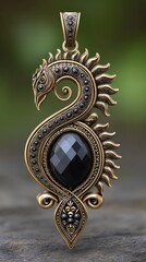 Ornate Gold Dragon Pendant with Black Gemstone
