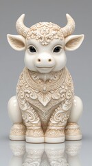 Ornate Off White Bull Figurine with Intricate Carvings