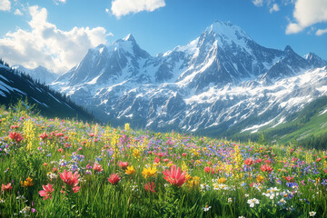 Fototapeta premium Peaceful Alpine Scene with Wildflower Field and Towering Peaks