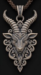 Ornate Silver Goat Head Pendant with Intricate Floral Detail
