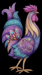 Ornate Purple Gold Teal Rooster Illustration with Glitter Texture
