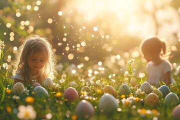 Colorful easter eggs are scattered across the grass, with children happily searching for them under the soft sunlight