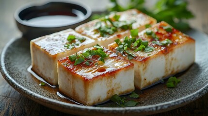 Tofu is arranged on a porcelain plate, accompanied by a soy sauce dish
