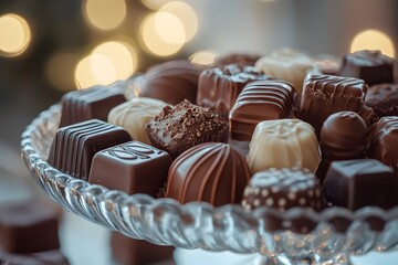 Exquisite chocolates are arranged in a transparent glass dish, creating a warm and soft ambiance with a blurred background