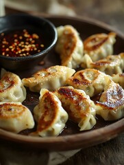 Pan-fried dumplings are artfully arranged on a plate, accompanied by dipping sauce