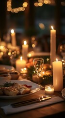 In the setting of a candlelit dinner, exquisite dishes glisten under the soft glow of candles