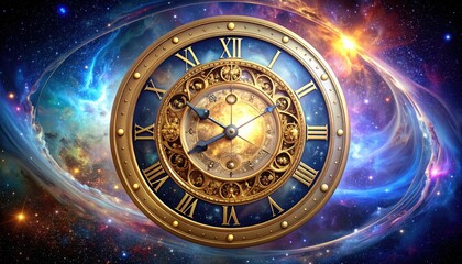 Celestial Clockwork: Ornate Antique Clock Against a Vibrant Nebula