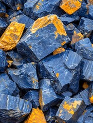 Elevated view of raw indigo rocks with golden minerals for geological use