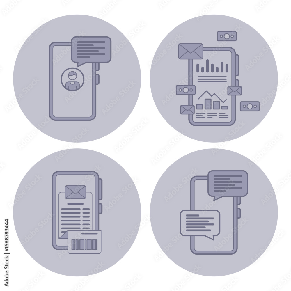 Poster collection of line icons depicting various aspects of mobile communication. messaging, notifications