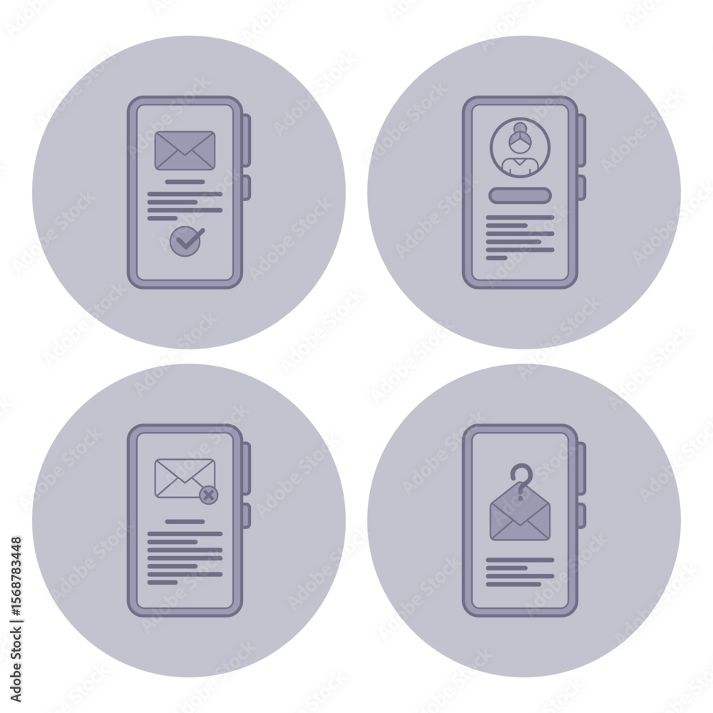 Poster collection of four line icons representing various aspects of email communication. messaging, user p
