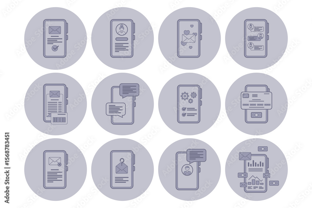 Poster set of line icons representing messaging functionalities, including notifications, settings, documen