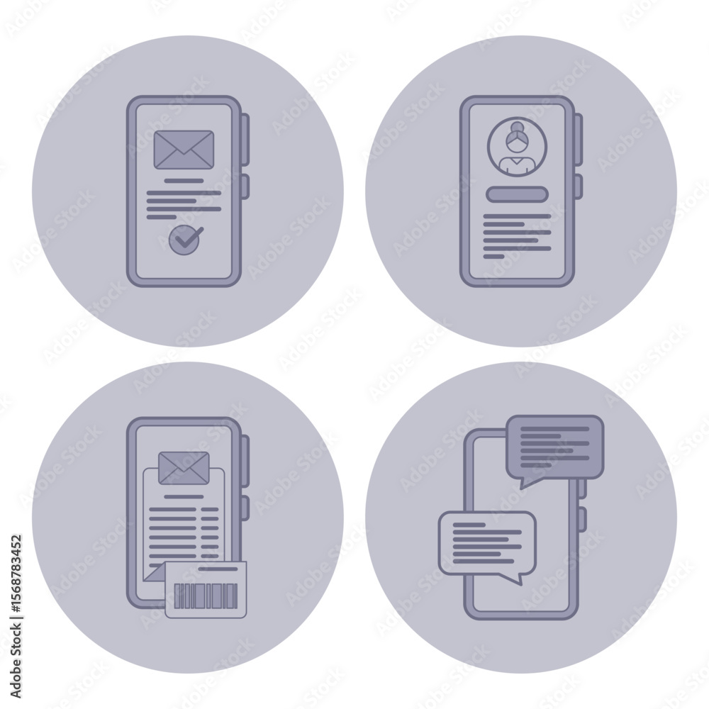 Poster set of four line icons depicting mobile phone features, including messaging, notifications, and user