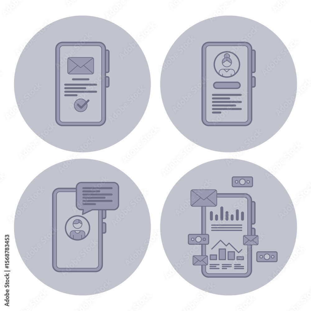 Aufkleber collection of four icons representing various aspects of digital communication. smartphone designs w