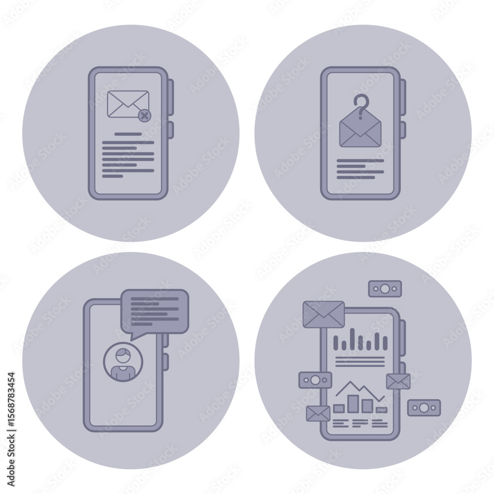 Poster collection of four minimalistic line icons representing mobile communication elements. messages, not