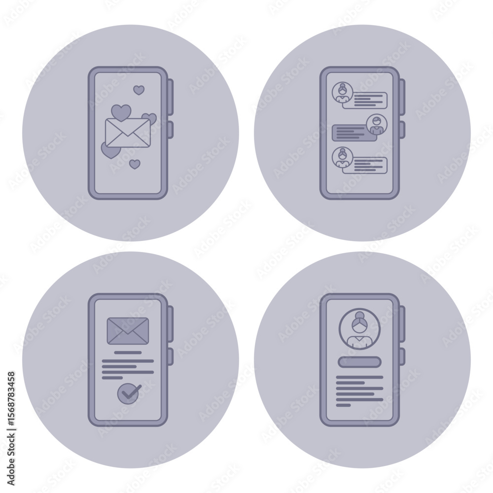 Poster collection of line icons depicting various communication activities on mobile devices including mess
