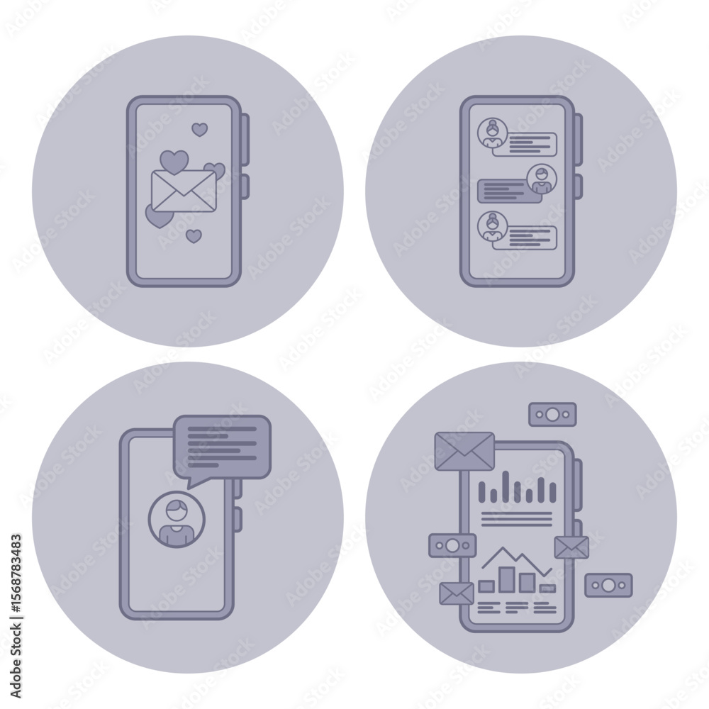 Poster collection of line icons representing various mobile messaging activities. texting, chatting, and no