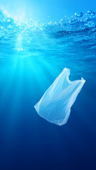 Plastic bag floating underwater with sunlight rays penetrating ocean surface, highlighting pollution and environmental impact