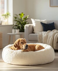 A gold retriever resting comfortably in a fluffy round pet bed in a cozy modern living room filled with natural daylight
