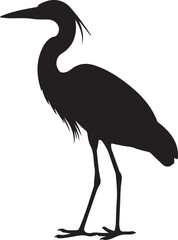 Black Silhouette Vector Illustration of a Great Blue Heron Bird Standing on White Background Simple Minimalist Design Graphic Element for Print or Web Use