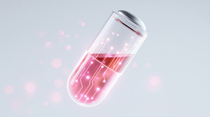 Futuristic glowing capsule with digital circuit pattern and pink light symbolizing innovation in medical technology