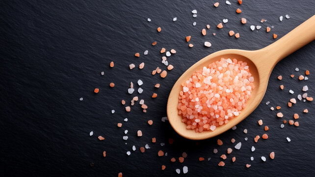Pink salt crystal in wooden spoon on black slate surface with scattered grains, creating natural and fresh culinary atmosphere - Powered by Adobe