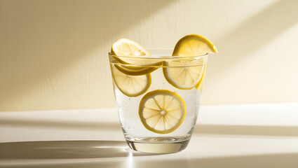 Glass of Cool Lemon Water with Fresh Lemon Slices Inside