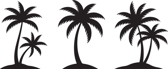 Black Silhouette Vector Illustration of Four Palm Trees on Small Islands Against White Background Tropical Island Scene Simple Graphic Design Element