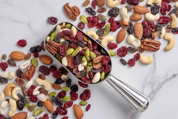 Healthy mixed nuts and dried fruits displayed on a marble countertop with a scoop