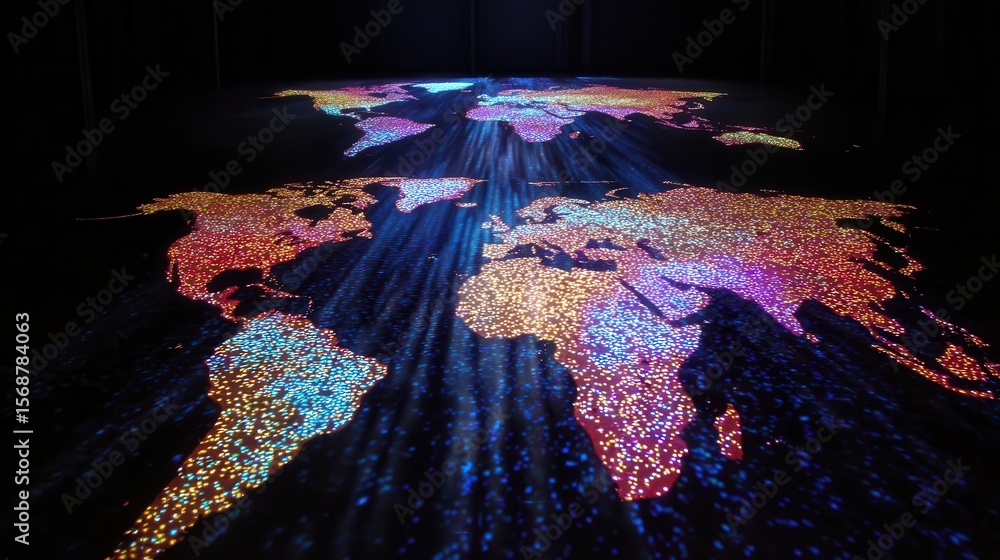 Poster global map design with colorful, detailed illumination.
