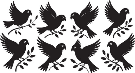 Eight Black Silhouette Birds Perched on Olive Branches Vector Graphic Illustration Set silhouettes