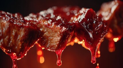 Juicy meat slices in warm lighting artistic closeup of sauces in food photography