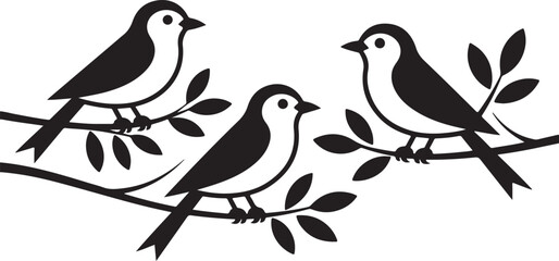 Three Black Silhouette Birds Perched on a Branch with Simple Leaves Vector Graphic Illustration