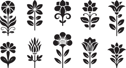 Twelve Black and White Stylized Floral Vector Silhouettes Traced Folk Art Design Elements Botanical Illustrations Simple Flat Graphic Design