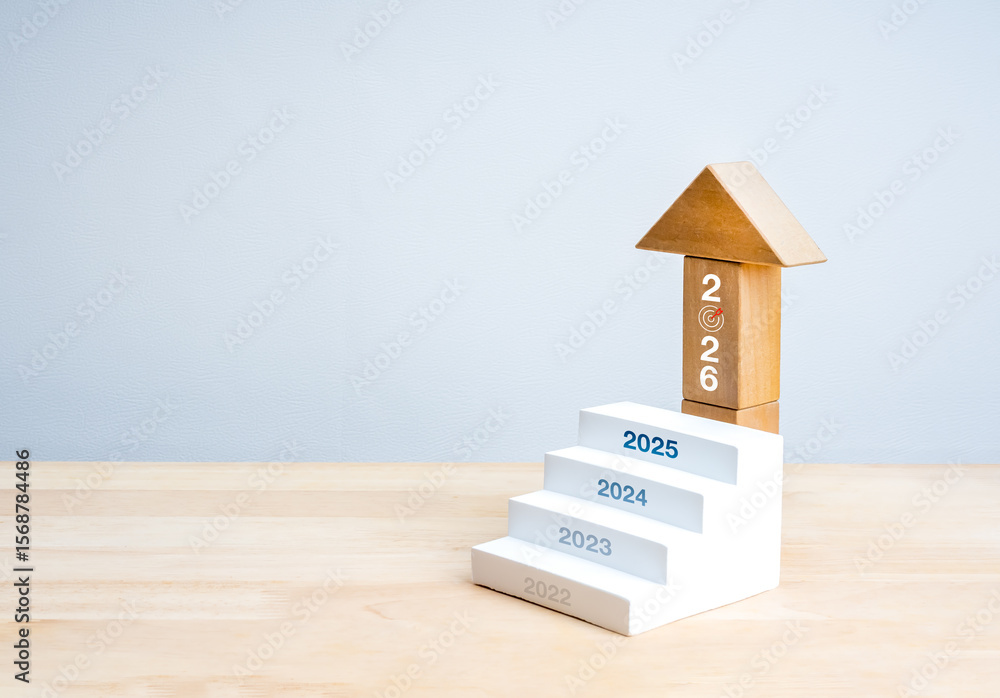 Poster happy new year 2026 background. 2026 calendar numbers with target icon on wood arrow blocks on white