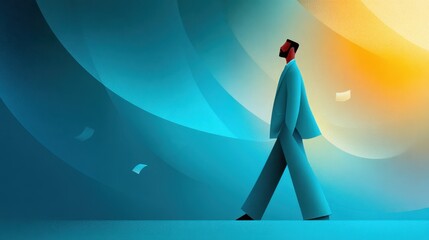 Digital art businessman walking with confidence in zero gravity abstract style