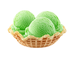 Three scoop Green ice cream in a waffle basket isolated on a transparent background