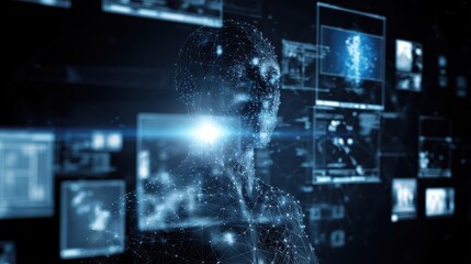 Digital human form overlaid on a futuristic interface.