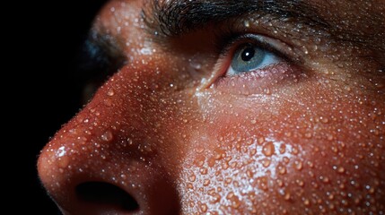 Sweat-drenched focus intense closeup human emotions studio environment dramatic viewpoint
