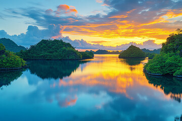 Peaceful Lagoon Islands Framed by a Colorful Sunset Sky

