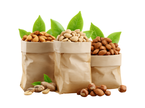 paper bags of nuts with leaves on the sides, different types and sizes type of nut isolated on a transparent background