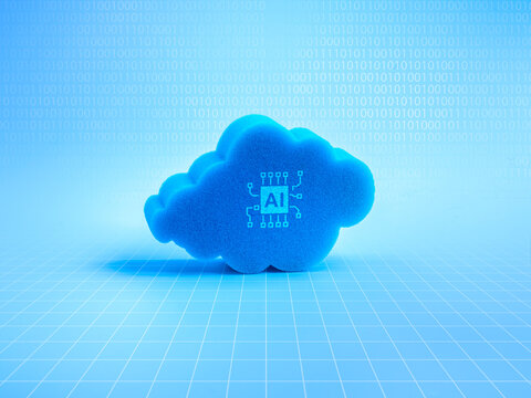 AI cloud computing infrastructure technology, digital data system storage service concept. AI chip icon on 3d cloud with binary code hologram and network grid pattern on blue background, minimalist.