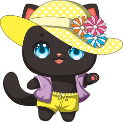 Obraz premium Cat In Summer Wear With Hat Kitten Mascot Vector