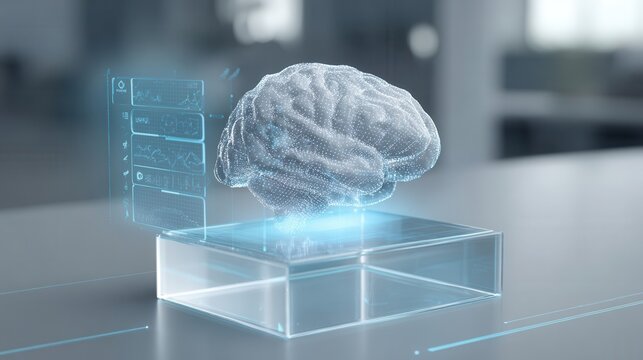 Holographic brain model displayed on a glass pedestal.