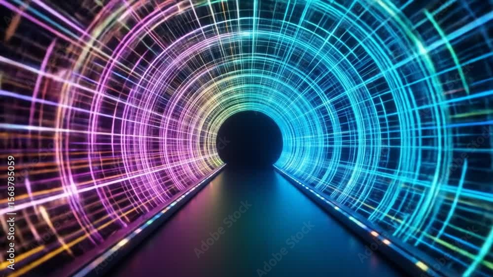 Poster abstract neon light tunnel with futuristic design and vibrant color transitions for backgrounds